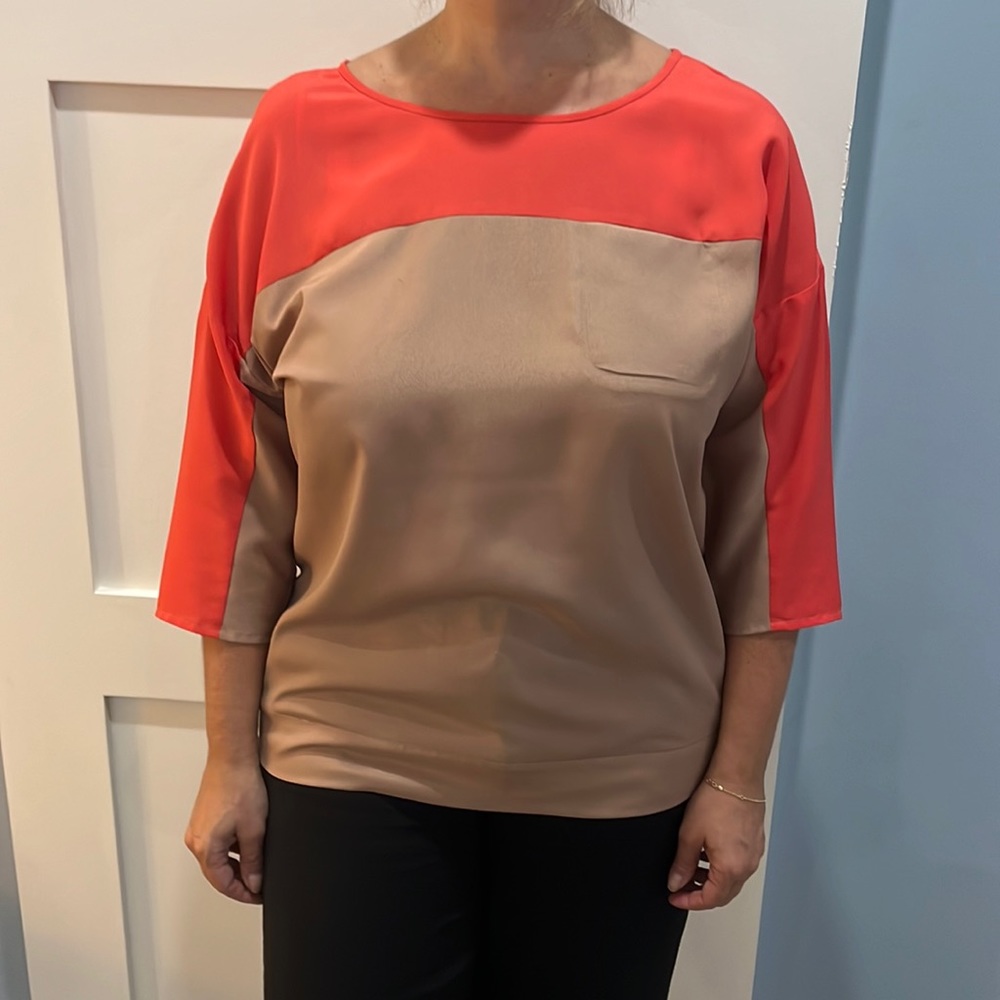 LOFT orange and beige silk blouse mid length sleeve size L